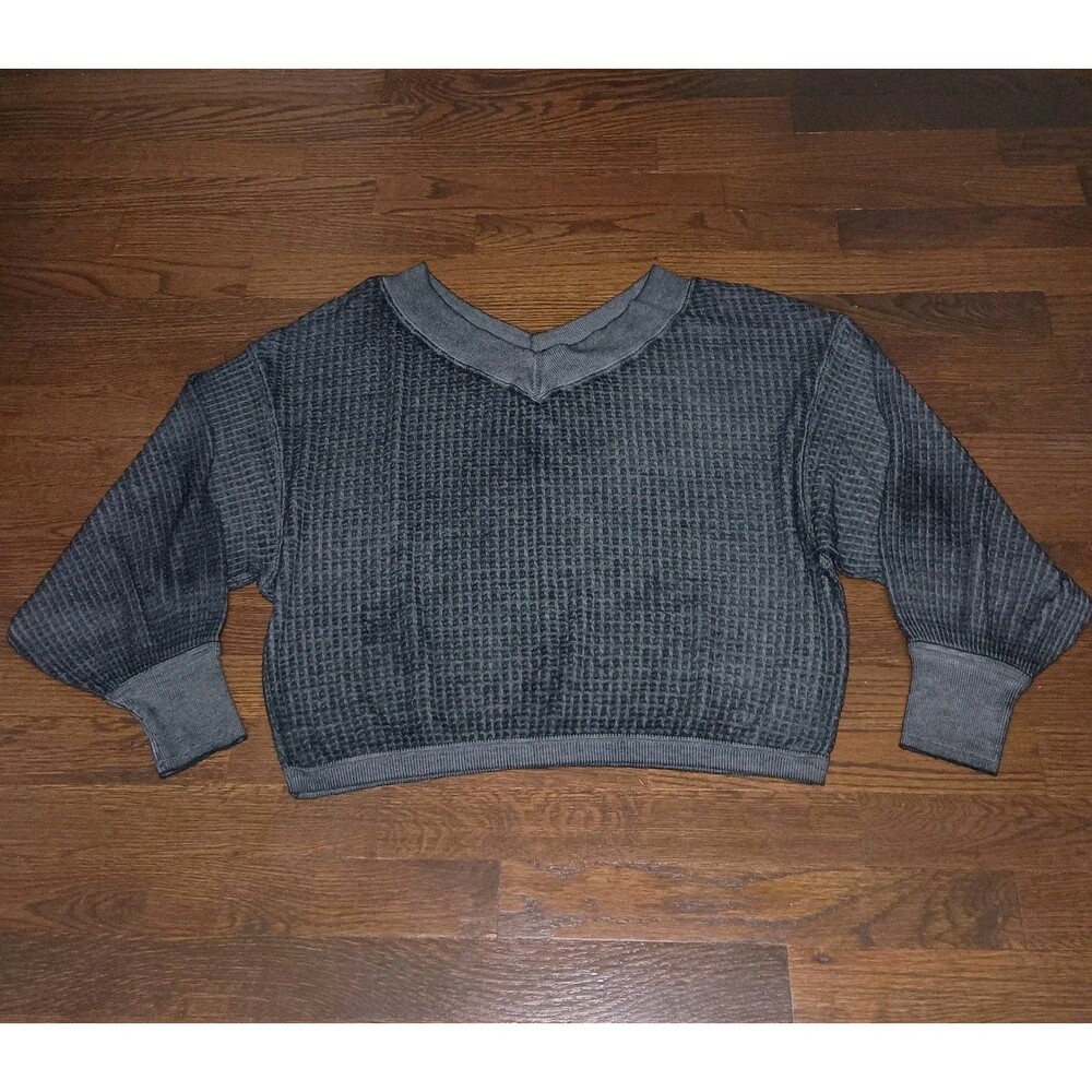 We The Free Top Womens XS Extra Small Waffle Knit V-Neck Shirt Charcoal Gray
